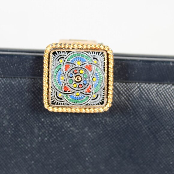 Vintage 1950s Navy Faux Leather Handbag with Art Deco Latch & Metal Chain - Picture 5 of 16